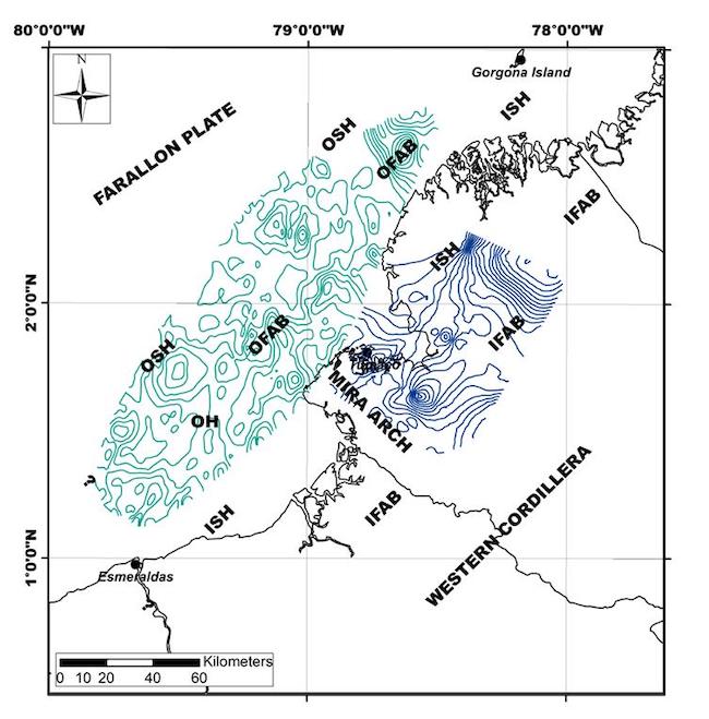 Example of isopach map (contours in meters) of the TU7 seismic sequence in the IFAB and MU5 in the OFAB, divided between them by the ISH and bounded at seaward by the OSH. These types of maps were built for each sequence to calculate the volume of sediments accumulated in both basins during the las 40 Ma.