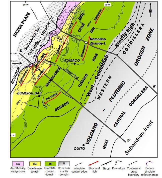 Tectonic map with the distribution of the mantle wedge and lower plate supported domains, and distribution of structures map in the southwestern Colombia and Northern Ecuador area, according to published interpreted seismic lines [22]; [93]; [18], gravimetric maps [20]; Collot & TEAM, 2005; [96], [94] and crustal models [20]; [21]. Dark gray thick lines show the regional cross section location of the Fig. 20. Light blue dotted lines show the areas with Bottom Simulate Reflector according to Collot [22]