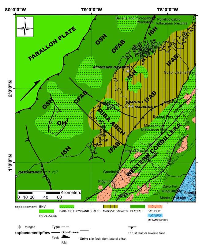 Sedimentary facies and tectonic setting map of the NESC margin between SB1 and SB2. The map depicts a paleoenvironmental interpretation at the top of the basin basement and active structures: OH=Ostiones high. P.M.: Plate motion vector. This map and subsequent maps have been drawn using present day geographical positions.