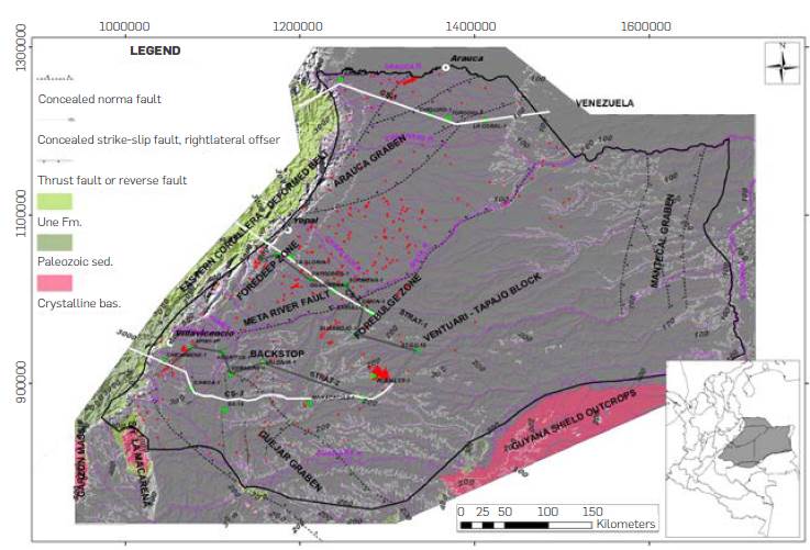 Study area location (right corner) and semi regional map that detail the distribution of major morpho - structures in the Llanos Basin [29], [31], [33], [108]. Thick gray lines show the location of the stratigraphic correlation sections shown in Figure 2 (STRAT-1 and 2) and thick white lines refer to the regional structural slices shown in Figure 3 (CS-1 to 3). The red dots indicate the position of the wells employed in previous works to estimate the average geothermal gradient [16]. The map includes the distribution of the outcrops of reservoirs analyzed in this work, extracted from the Geological Map of Colombia [108]. Polylines in meters above the sea level in thin white lines are obtained from the Digital Elevation Model [70], [71].