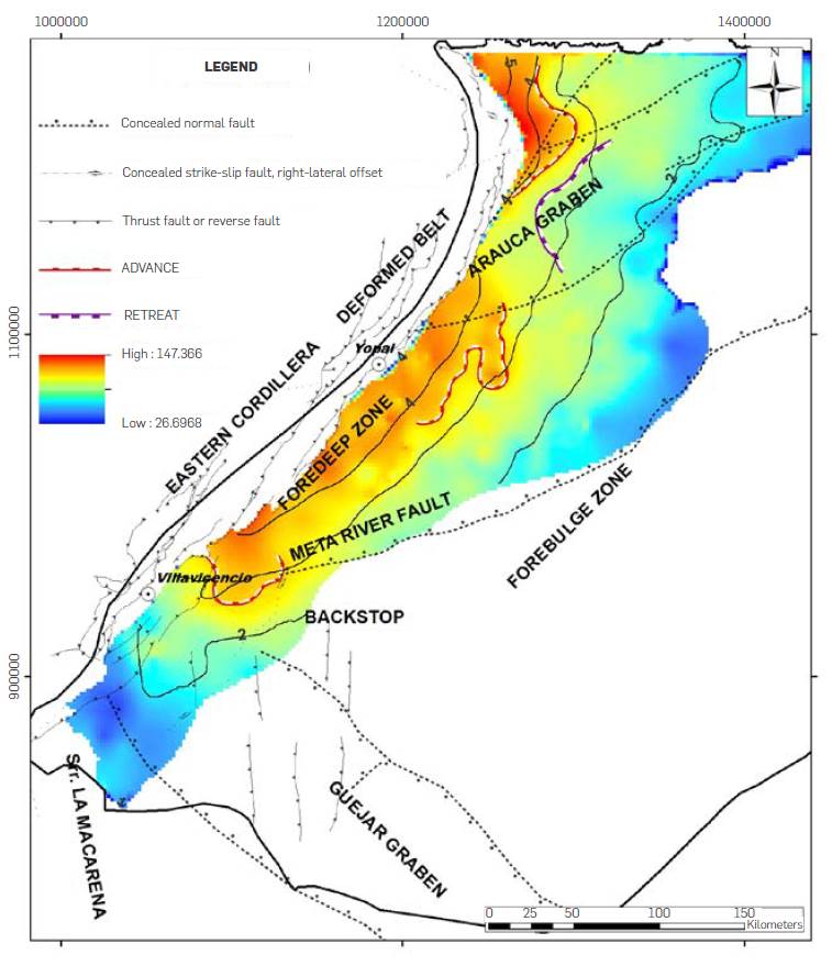 Temperature map in &ordm;C at the top of the Une Fm. (color scale in &ordm;C), calculated from the apparent geothermal gradient map for the Llanos Basin (G GTM map of Figure 7). The contours correspond to the sedimentary thickness between the ground level and the top of the Une Formation. Note how temperatures are not related to Une Formation depth, defining areas where isotherms advance towards shallower zones (red dotted line) or retreat towards deeper zones (blue dotted line)