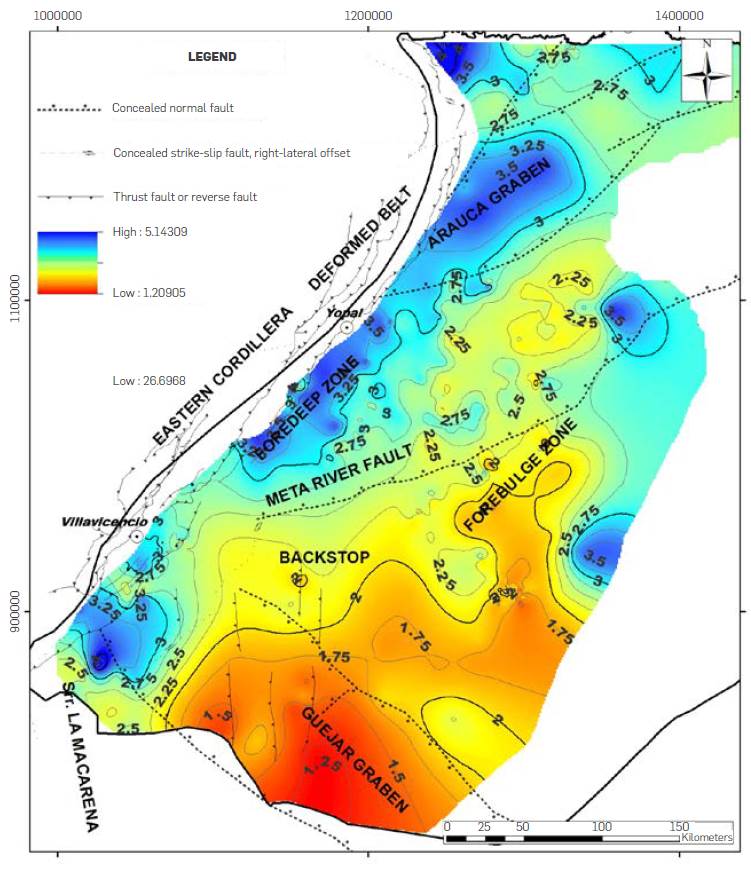 Depth map in Km of the 100&ordm;C isotherm (values of contours and color scale in km) derived from the apparent geothermal gradient map for the Llanos Basin (GGTM map of Figure 7). Note that depths of the 100&ordm;C isotherm with values greater than 3 km coincide with the expression of the foredeep zone and the Arauca graben, while toward the south of the Meta River Fault (especially along the forebulge zone and G&uuml;ejar graben), the isotherm is present at less than 2 km of depth.