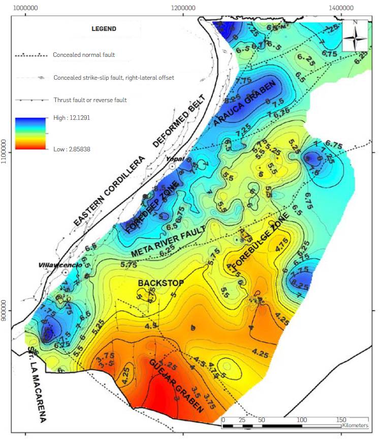 Depth map in Km of the 200&ordm;C isotherm (values of contours and color scale in km) derived from the apparent geothermal gradient map for the Llanos Basin (GGTM map of Figure 7). Note that depths of the 200&ordm;C isotherm with values greater than 6.5 km coincide with the expression of the foredeep zone and the Arauca graben, while toward the south of the Meta River Fault (especially along the forebulge zone and G&uuml;ejar graben), the isotherm is present at less than 5 km of depth.
