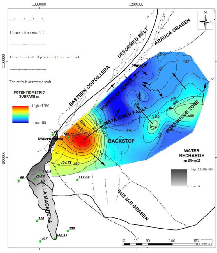 Hydraulic load map for pre-Oligocene units and flow lines (dark arrows), modified from published works in the area [53], [55]. Note that the potentiometric surface (red to blue color scale in m), suggest great hydraulic heat (greater than 800 m of high), near to the water recharge zone (gray scale in m3/km2 for the grid constructed along the Serran&iacute;a de la Macarena), with values greater than 2x106 m3/km2. The map suggests also a second hydraulic heat along the forebulge zone (less than 200 m of high). Uplift currents of water are concentrated in the foredeep zone associated with faults that connect deepest reservoirs with shallower levels.