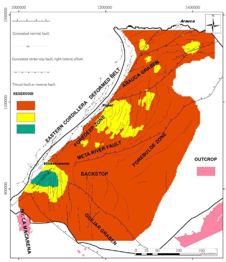 Proposed reservoir map based on the distribution and relative density of faults at the top of the Crystalline Basement (green: best reservoir area; yellow: area with moderate conditions for reservoir; red: areas with poorly conditions for reservoir). The fault distribution map was the result of integration of published works [28], [31], [33], [54], [64], [65], [98]. Outcrops of crystalline basement extracted from the Geological Map of Colombia [108].