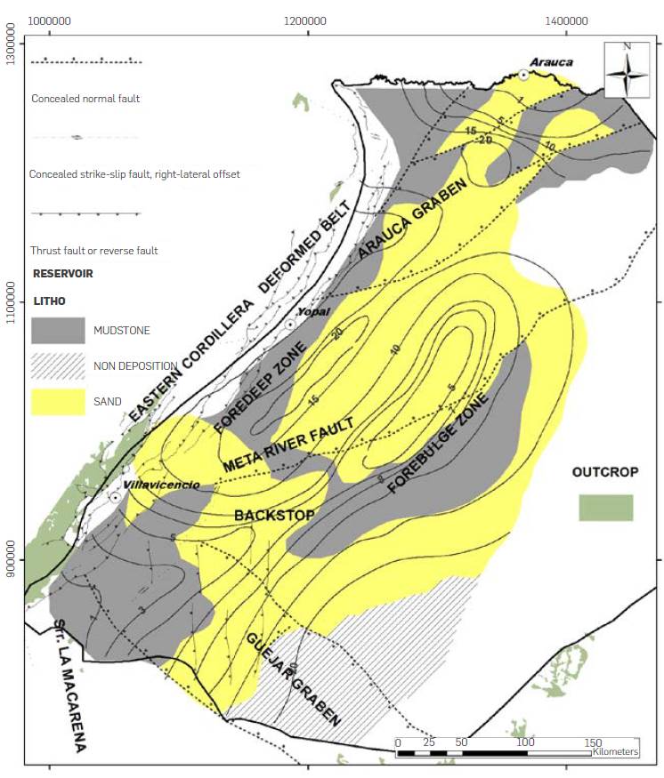 Map of sedimentary facies identified in the Paleozoic and mean porosity values (contour map) obtained from published works [27], [31], [98]. Outcrops of Paleozoic sediments extracted from the Geological Map of Colombia [108].