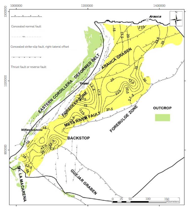 Reservoir distribution map and porosities (contour map) of the Une Formation constructed from published works [37], [39], [112], [113]. Outcrops of the Une Formation extracted from the Geological Map of Colombia [108].