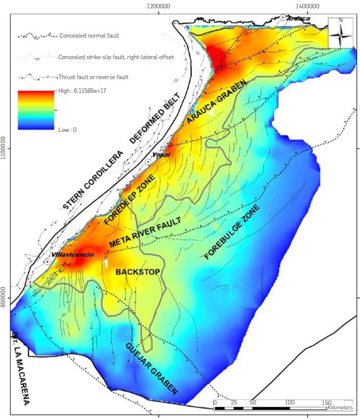 Map of total heat stored in Crystalline Basement rocks (color scale in Joules per 1 km2 cell). Thick grey line polygons define the location of two prospective areas (1: West of the back stop; 2: Foredeep zone - Arauca Graben) that contain the 50% of the total heat stored in the Crystalline Basement, with cell values greater than 2.49x1017 Joules.