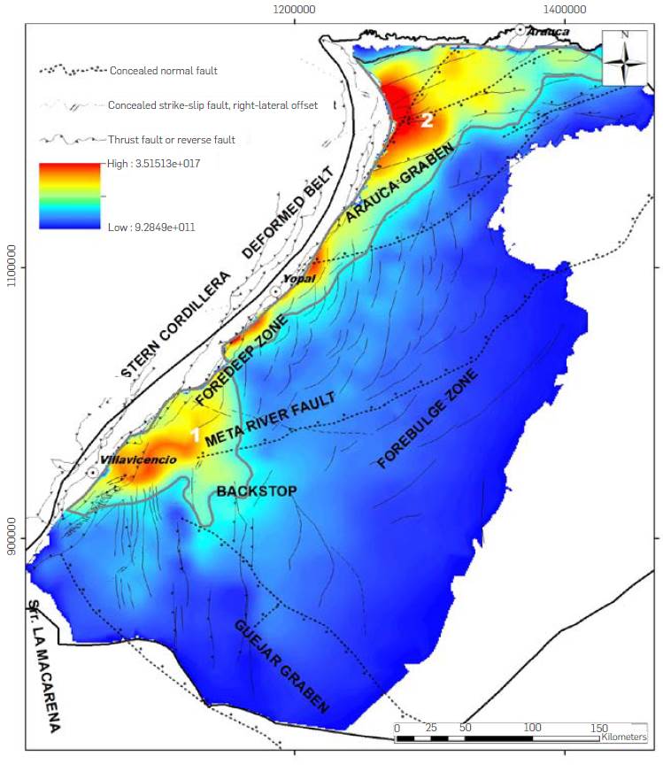 Map of total heat stored in Paleozoic sediments (color scale in Joules per 1 km2 cell). Thick grey line polygons define the location of two prospective areas (1: West of the back stop; 2: Foredeep zone - Arauca Graben) that contain the 50% of the total heat stored in the Paleozoic sediments, with cell values greater than 8.627x1016 Joules.