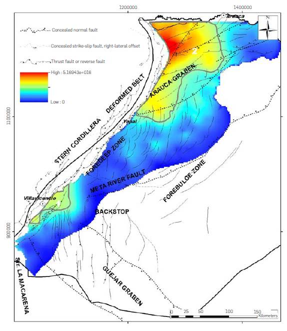 Map of total heat stored in the Une Formation (color scale in Joules per 1 km2 cell). Thick grey line polygons define the location of two prospective areas (1: Southern foredeep zone; 2: Arauca Graben) that contain the 50% of the total heat stored in the Une Formation, with cell values greater than 2.33x1016 Joules.