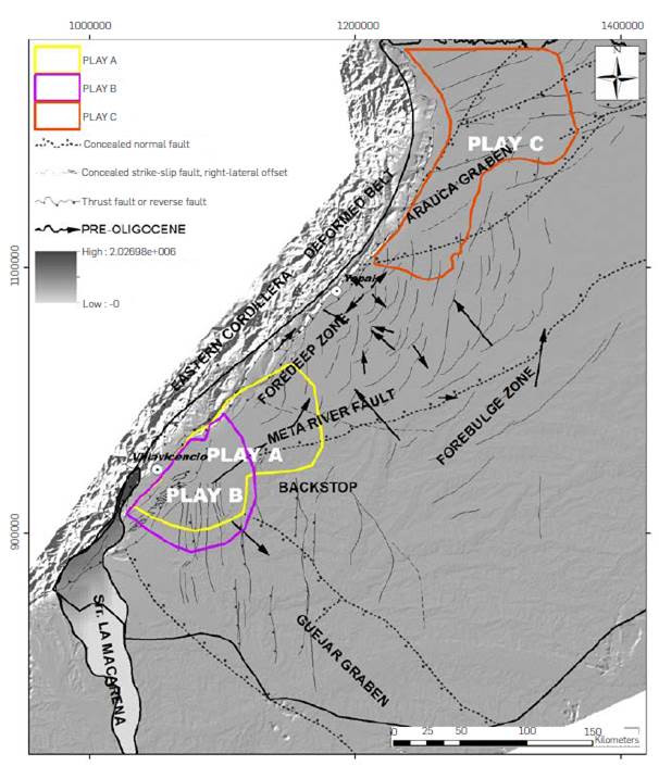 Location map of proposed plays (A bounded by the polygon with yellow thick line, B bounded by the polygon with blue thick line and C bounded by the polygon with red thick line), from the integrated analysis of the distribution of reservoirs (Crystalline Basement, Paleozoic sediments and Une Formation), temperature hydrogeology and hydrochemistry. Plays A and B are controlled by the fault density and the water flow derived from the recharge zone located along the Serran&iacute;a de la Macarena and the high hydraulic heat. Play C its controlled mainly by diagenetic water flow and depth of the aquifers.