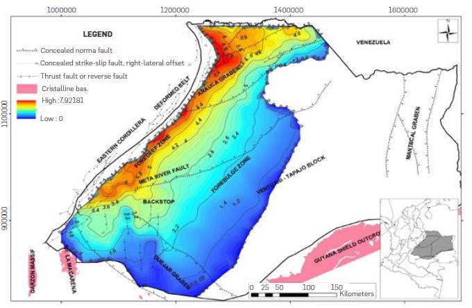 Structural map at the top of the Crystalline basement in km below sea level (color scale in km) constructed from the integration of structural maps published in previous works [28], [29], [33], [64], [65]. Outcrops of crystalline basement extracted from the Geological Map of Colombia [108].