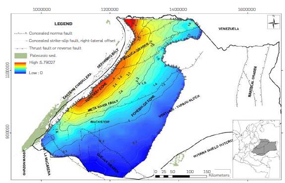 Structural map at the top of the Paleozoic sediments in km below sea level (color scale in km) constructed from the integration of structural maps published in previous works [27], [31], [33], [53]. Outcrops of Paleozoic rocks extracted from the Geological Map of Colombia [108]