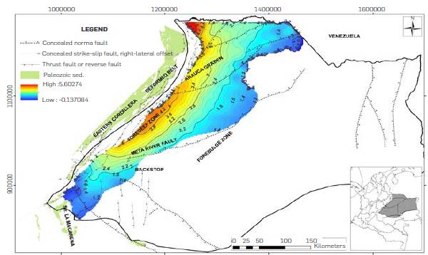 Structural map at the top of the Une Formation in km b.s.l (color scale in km). constructed from well tops analyzed in this study, as well as structural maps published in previous works [27], [31], [53].