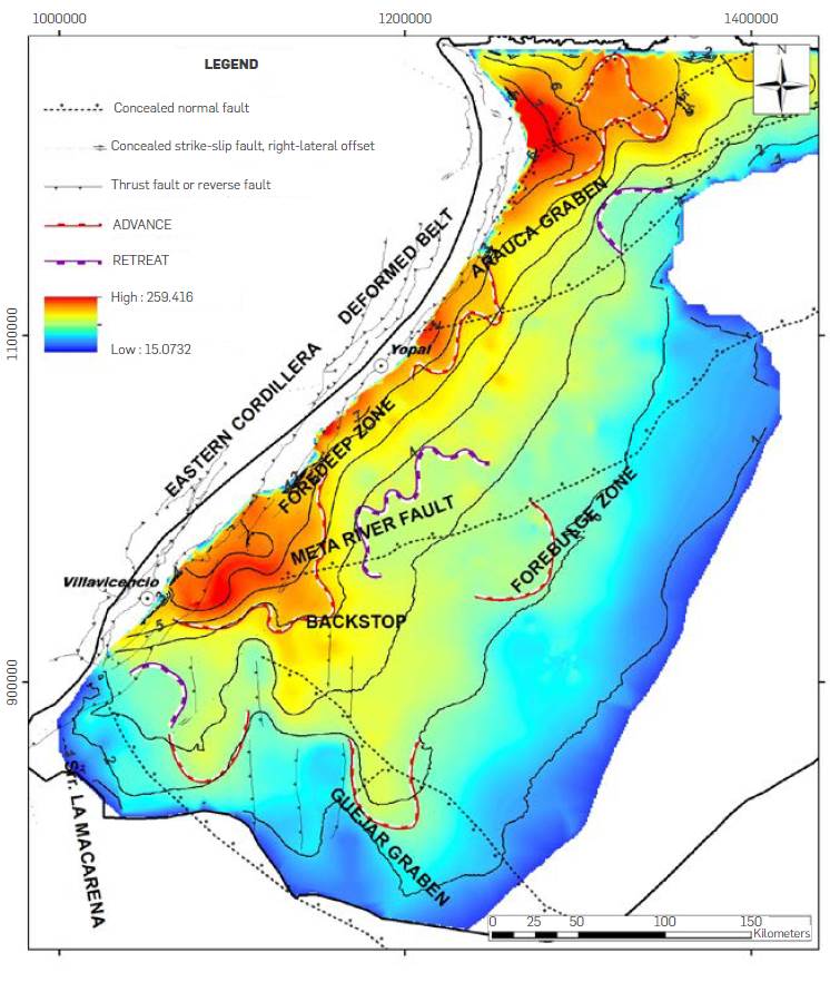 Temperature map in &ordm;C at the top of the Crystalline Basement (color scale in &ordm;C), calculated from the apparent geothermal gradient map for the Llanos Basin (GGTM map of Figure 7). The contours correspond to the sedimentary thickness between the ground level and the top of the Crystalline Basement. Note how temperatures are not related to Crystalline Basement depth, defining areas where isotherms advance towards shallower zones (red dotted line) or retreat towards deeper zones (blue dotted line), areas marked by the presence of basement structures such as the G&uuml;ejar and Arauca grabens, as well the foredeep zone.
