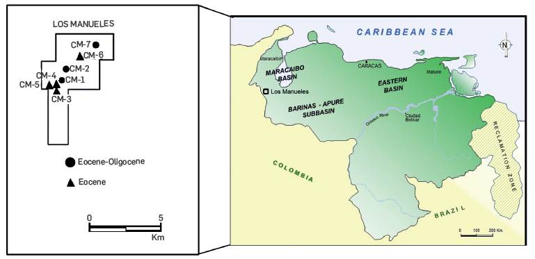 Map of Venezuela showing the location of Los Manueles field in the Maracaibo Basin, Venezuela.