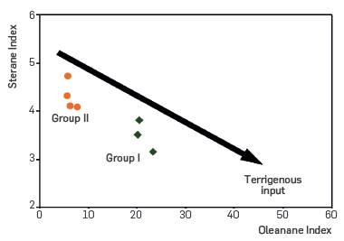 C30 steranes index [C30/(C27 to C30)] vs. oleanane index [18α -(H)-Oleanane/(18α-(H)-Oleanane + C30-hopane).