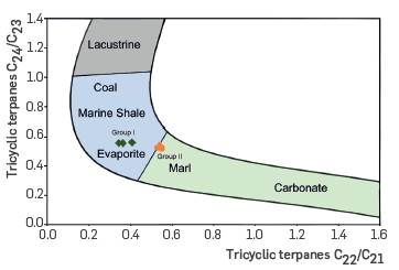 Cross-plot of the C24/C23 and C22/C21 ratios used to infer source rock lithology 26.