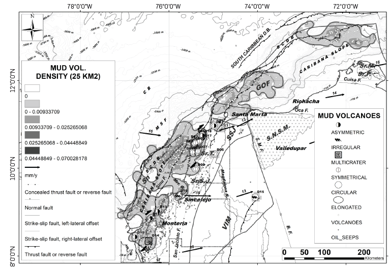 Figure 1. Location map of the study area and mud volcanoes analyzed (Letter D accompanied by numbers from 1 to 18 in dark bold show the location of the mud volcanoes studied, whose names are listed in Tables 2 and 3), with location of sedimentary basins (VIM: Lower Magdalena Basin; SSJ: Sinu - San Jacinto Basin; Sn.S.J.: Sinu - San Jacinto Basin; Sn: Sinu offshore basin; GOF: Guajira Offshore Basin; CB: Colombia Basin) taken from (ANH, 2007), geological mapping information (dark dotted line polygon), used in the location of mud volcanoes (Guzman and Hernandez, 1995; Guzman et al., 1998; Reyes, Barrera, et al., 1998; Barrera, 2001, 2003; Clavijo and Barrera, 2002; Geotec Ltda., 2003; Guzman, Reyes and Ibañez, 2003), trace of regional faults are modified from Gómez et al. (2015) and in the offshore of miscellaneous jobs (Toto and Kellogg, 1992; Kellog and Vega, 1995; Corredor, Shaw and Villamil, 2003; Mantilla, 2007; Ceron-Abril, 2008; Quintero, 2012; Rincón Martínez et al., 2021). The names of the bathymetric features (Mrr. G.: Morrosquillo Gulf), and relevant morphostructural elements (SNSM: Sierra Nevada de Santa Marta; Sr.S: Serranía del Sinu; Sr.S.J.: Serranía de San Jacinto; Sr.T.: Serranía de Tubará; SCDB: Southern Caribbean Deformed Belt; Sr.M: Serranía de Macuira; Sr.P.: Seerranía de Parashi) are taken from Tabares et al. (1996). Note the distribution of mud volcanoes in the Colombian Caribbean (gray dots), and oil seeps (white dots), compiled from papers published in the onshore (Aristizábal et al., 2009; Carvajal & Mendivelso, 2017; Herrera Atencio & Díaz Mendoza, 2018) and offshore from review of seismic programs during this work and published papers (Shepard, Dill and Heezen, 1968; Briceño and Vernette, 1992; Quintero, 2012; H. Mora et al., 2018; Rincón Martínez et al., 2021), from which the density of diapirs per cell of 25km2 was estimated in this work (Table 4), defining 4 blocks from south to north (thick gray lines). The ovals on the map are oriented according to the sigma 3 direction deduced from the morphological analysis on the analyzed mud volcanoes (Table 3), useful in the deduction of regional shear directions (in black), while the white circles show the mud volcanoes with circular shape. Symbols within ellipses and circles refer to topographic features of the volcanoes (from Table 1). Black arrows refer to the relative motion vectors of the Caribbean Plate with respect to the South American Plate (Mora-Páez et al., 2019).