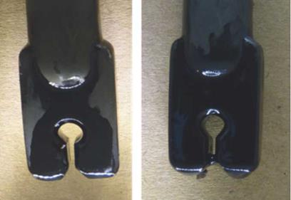 Images of the electrode after EST tests - No polymer at 20% WC (right) and 800 ppm of polymer at 20% WC (left).