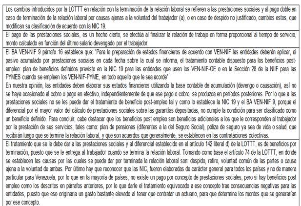 Impacto contable en la aplicaci�n de la Norma Internacional de Contabilidad N� 19 y lo establecido en la LOTTT y BA VEN-NIF 9