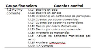 Cuentas control.
Catálogo de cuentas de 4 niveles
