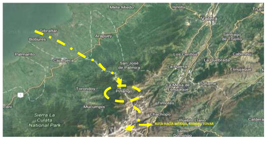 Vista �rea del Lago de Maracaibo y la Sierra de los Andes, y demarcaci�n de la ruta de la sal Lago de Maracaibo &ndash; Pi�ango