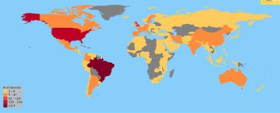 Mapa global de coautorias de artigos sobre Zika vírus
com um autor brasileiro (2014-2018)