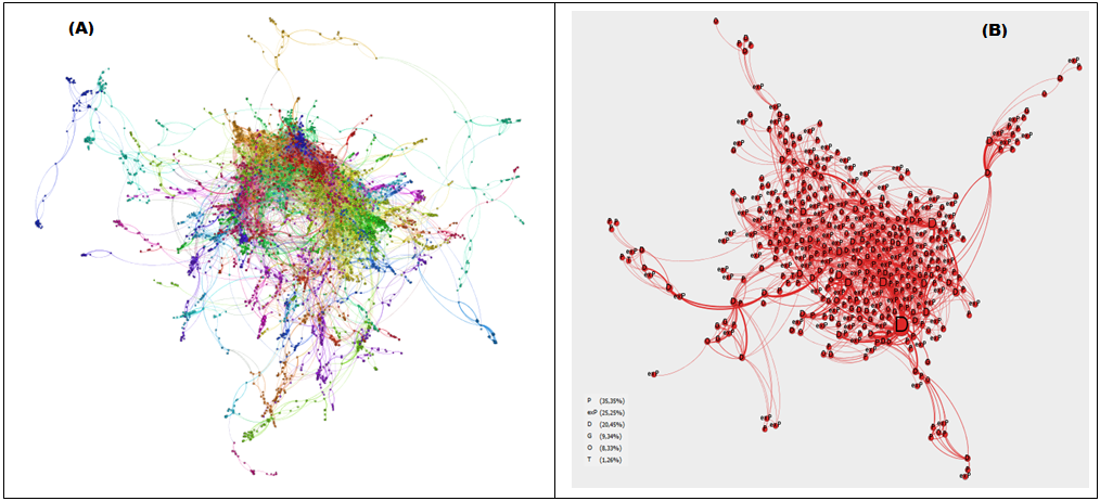 (A) Grafo que mostra as 40 comunidades de autores da UFRJ
identificadas no per&iacute;odo 2010-2012. (B) Grafo que destaca a maior comunidade de
autores da UFRJ identificada no per&iacute;odo 2010-2012
