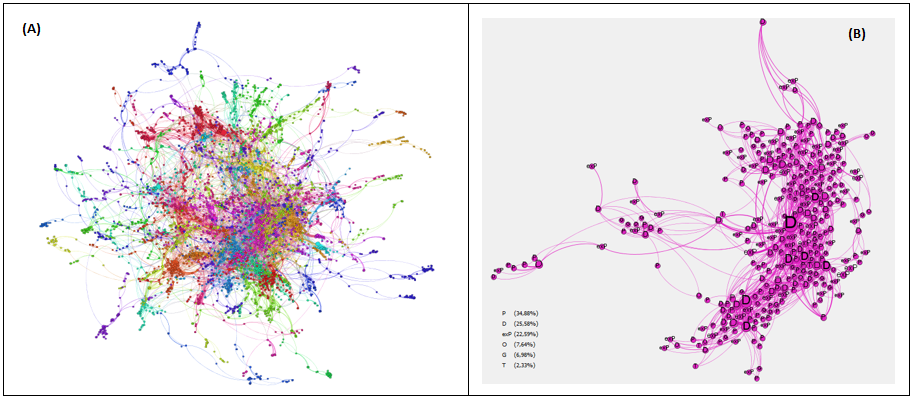 (A) Grafo das comunidades de autores da UFRJ de publica&ccedil;&otilde;es em
peri&oacute;dicos identificadas no per&iacute;odo 2007-2009. (B) Grafo da maior comunidade de
autores de artigos em peri&oacute;dicos da UFRJ no per&iacute;odo 2007-2009