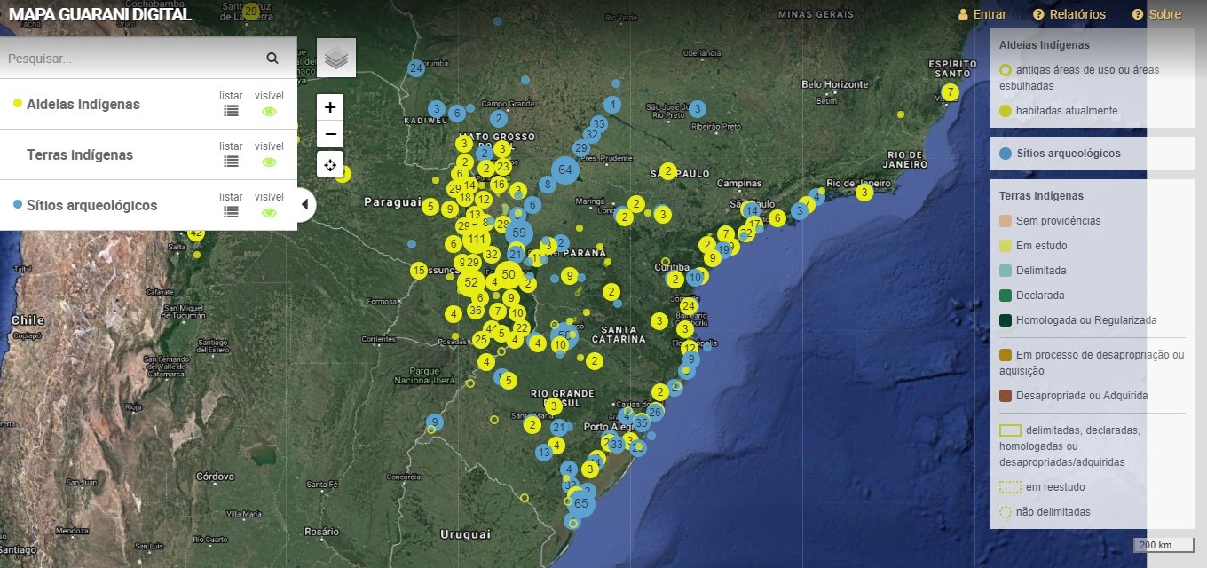 Mapa Guarani Digital indicando a presença da população no território atualmente