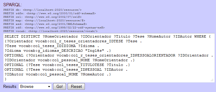 Consulta SPARQL formulada utilizando o nome padrão das tabelas e colunas da base de dados de teses defendidas
