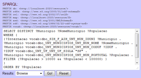 Consulta SPARQL formulada utilizando o nome padrão das tabelas e colunas da base de dados de acompanhamento de casos de câncer