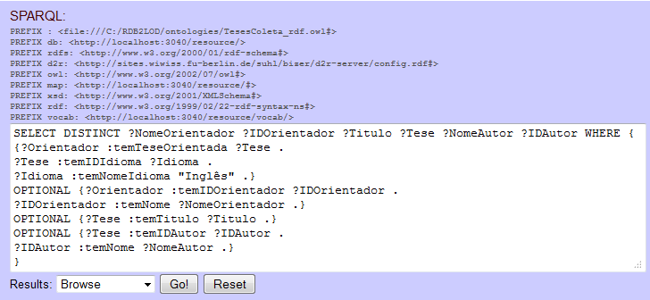 Consulta SPARQL formulada com o mapeamento entre as classes e propriedades da ontologia e as tabelas e colunas da base de dados de teses defendidas