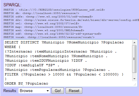 Consulta SPARQL formulada com o mapeamento entre as classes e propriedades da ontologia e as tabelas e colunas da base de dados de acompanhamento de casos de câncer