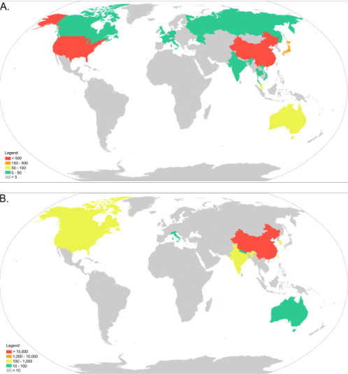 Distribution of the 150 most-productive author’s institutions publishing about Swine Flu (A.) from December 2009 to December 2010 and about COVID-19 (B.) from December 2019 to December 2020 in journals indexed in the PubMed database.