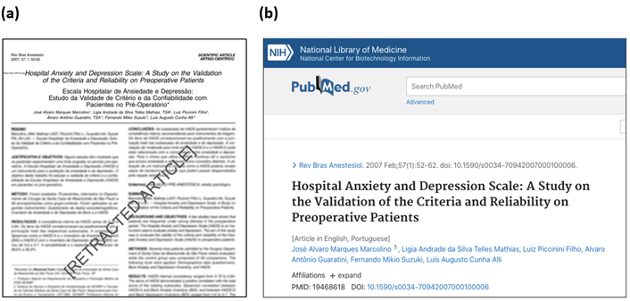 Espelho do artigo na (a) Plataforma
                                    SciELO e (b)
                                    Pubmed