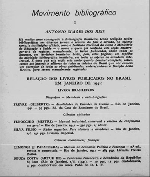 Lista de livros do Movimento bibliográfico março de 1941 página 273