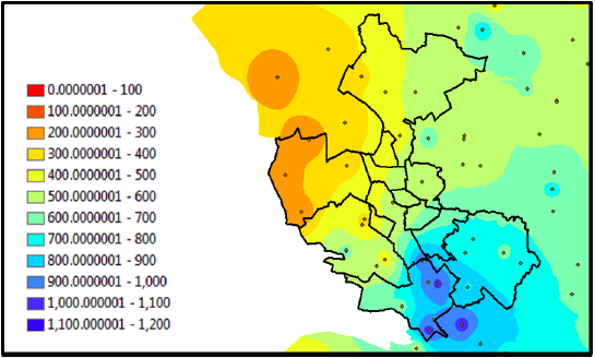 Mapa de distribución de la PMA (mm) de la Zona Metropolitana de Monterrey