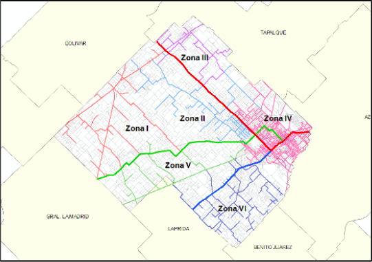 Divisi&oacute;n de la red carretera del distrito de Olavarr&iacute;a en zonas