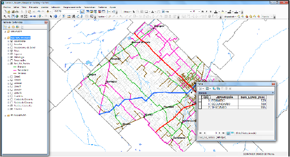 Captura red carretera rural clasificada seg&uacute;n su jerarqu&iacute;a y tabla resumen de la longitud de los caminos