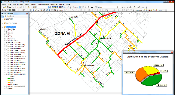 Captura caminos zona VI clasificados seg&uacute;n el estado de la calzada y gr&aacute;fico circular