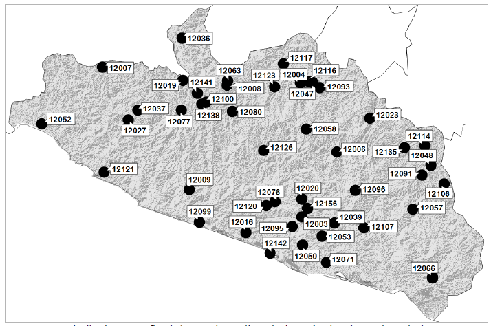 Distribuci&oacute;n geogr&aacute;fica de las estaciones climatol&oacute;gicas seleccionadas en el Estado de Guerrero.