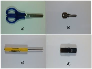 Objetos utilizados a) Tijera (objeto 1), b) Llave (objeto 2), c) Desarmador (objeto 3), d) USB (objeto 4)