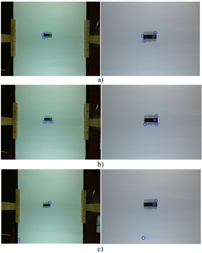 Iref a la derecha y la  Ient a la izquierda capturadas a: a)65.5cm, b) 68cm, c) 73cm