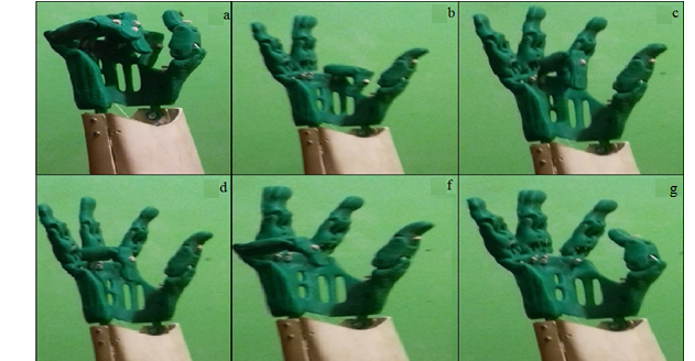 a). Out = 1 puño completo cerrado b) Out = 2 dedo índice contraído c) Out = 3 dedo medio contraído d) Out = 4 dedo anular contraído f) Out = 5 dedo meñique contraído g) Out = 6 dedo pulgar contraído.