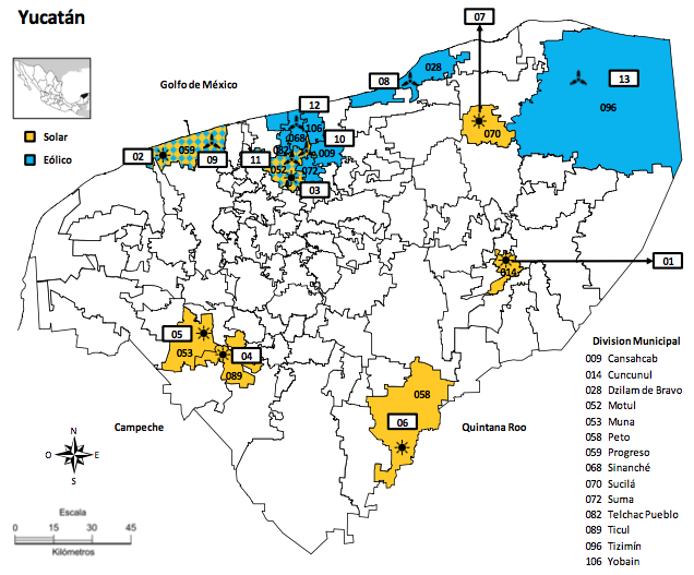 Figura 2.- Ubicación de los proyectos de energías renovables en el estado de Yucatán.