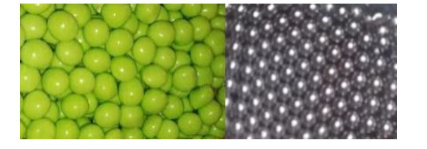 Figura 1.Una similitud f�cil de visualizar, tanto las cuentas met�licas como los chocolates cubiertos de menta son esferas no-Brownianas, es decir, presentan la caracter�stica de ser part�culas macrosc�picas discretas y, a su vez, no cambian su estado de movimiento por fluctuaciones t�rmicas.