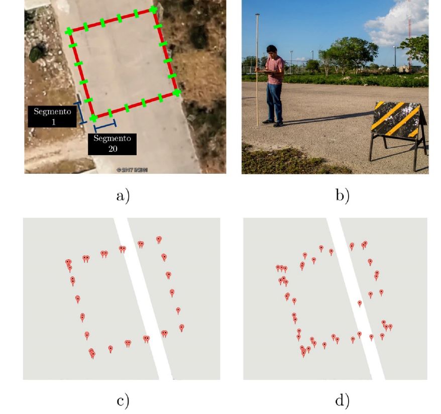 Experimentación: a) perímetro cuadrado delimitado en un terreno para tomar mediciones, b) ejemplo de toma muestreo con estación móvil, c) Resultado de muestreo en modo RTK, d) Resultado de muestreo en modo Single.