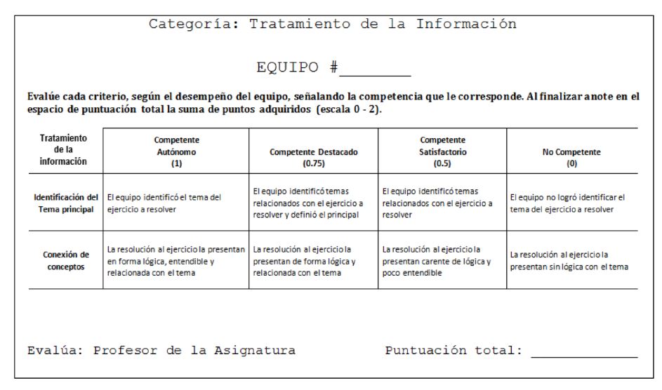 R&uacute;brica de evaluaci&oacute;n para la categor&iacute;a &ldquo;Tratamiento de la informaci&oacute;n&rdquo; a cargo del  profesor de la asignatura.
